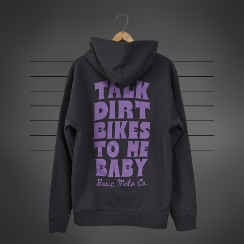Black hoodie with purple text on a gray background