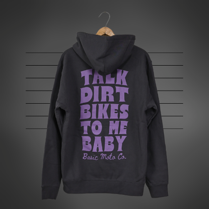 Black hoodie with purple text on a gray background