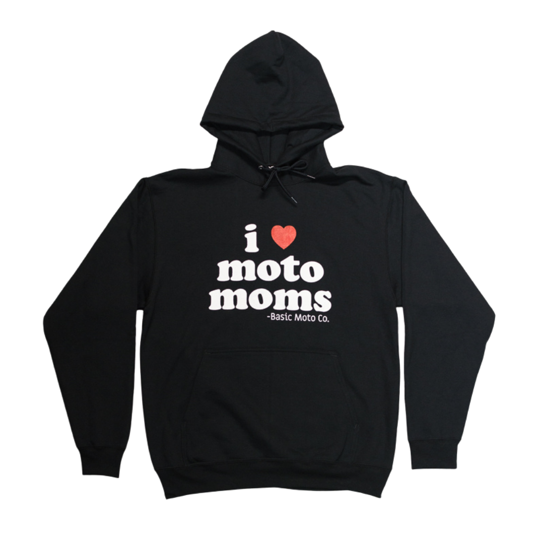 Black 'I Heart Moto Moms' Hoodie from Basic Moto Co. Show your love for the moms in the motocross community with this stylish and comfortable hooded sweatshirt.